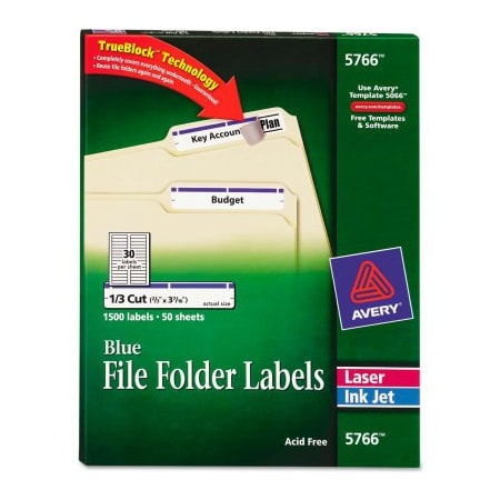 Avery File Folder Label, 21/32" Label W, 30 Labels per Sheet Blue 5766
